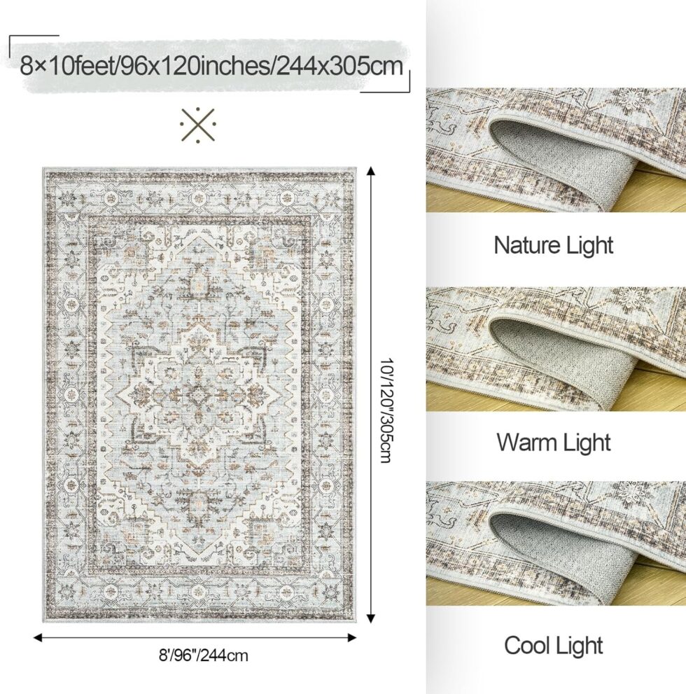 8x10 Area Rugs for Living Room, Stain Resistant Neutral Washable Rugs for Dining Room, Floral Vintage Non-Slip Thin Large Size Area Rug （Blue＆Beige）