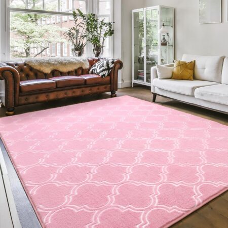 Amearea Fluffy Indoor Trellis Rug, Soft Moroccan Home Rugs for Bedroom, Shag Modern Area Rug for Living Room Kids Room Nursery, Easy Clean, Geometry Home Decor Low Pile Carpet, Pink 4x6 Feet