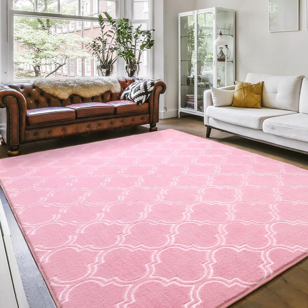 Amearea Fluffy Indoor Trellis Rug, Soft Moroccan Home Rugs for Bedroom, Shag Modern Area Rug for Living Room Kids Room Nursery, Easy Clean, Geometry Home Decor Low Pile Carpet, Pink 4x6 Feet