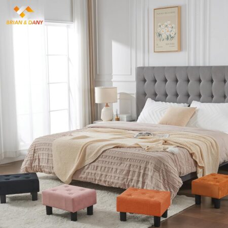 BRIAN & DANY Small Foot Stool, Linen Foot Stools with Legs, Stable Small Footstool for Living Room, Orange