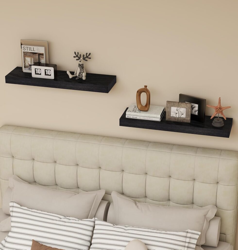 Vervida Floating Shelves for Wall 2 Set of 24 W x 5.8" D for Kitchen, Living Room,Bathroom,Office,Bedroom Storage Shelves for Home Decor with Invisible Brackets Black Shelves for Wall Storage