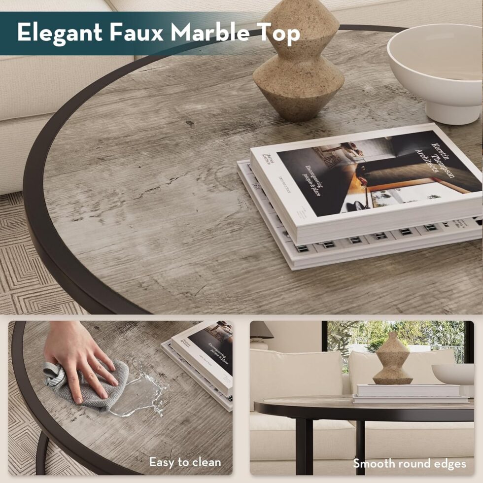SAYGOER Small Round Coffee Table, Modern Coffee Tables for Living Room, Simple Center Table for Small Space Home Office Gardern, 27.6 × 27.6 × 17.7inch, Grey Wash