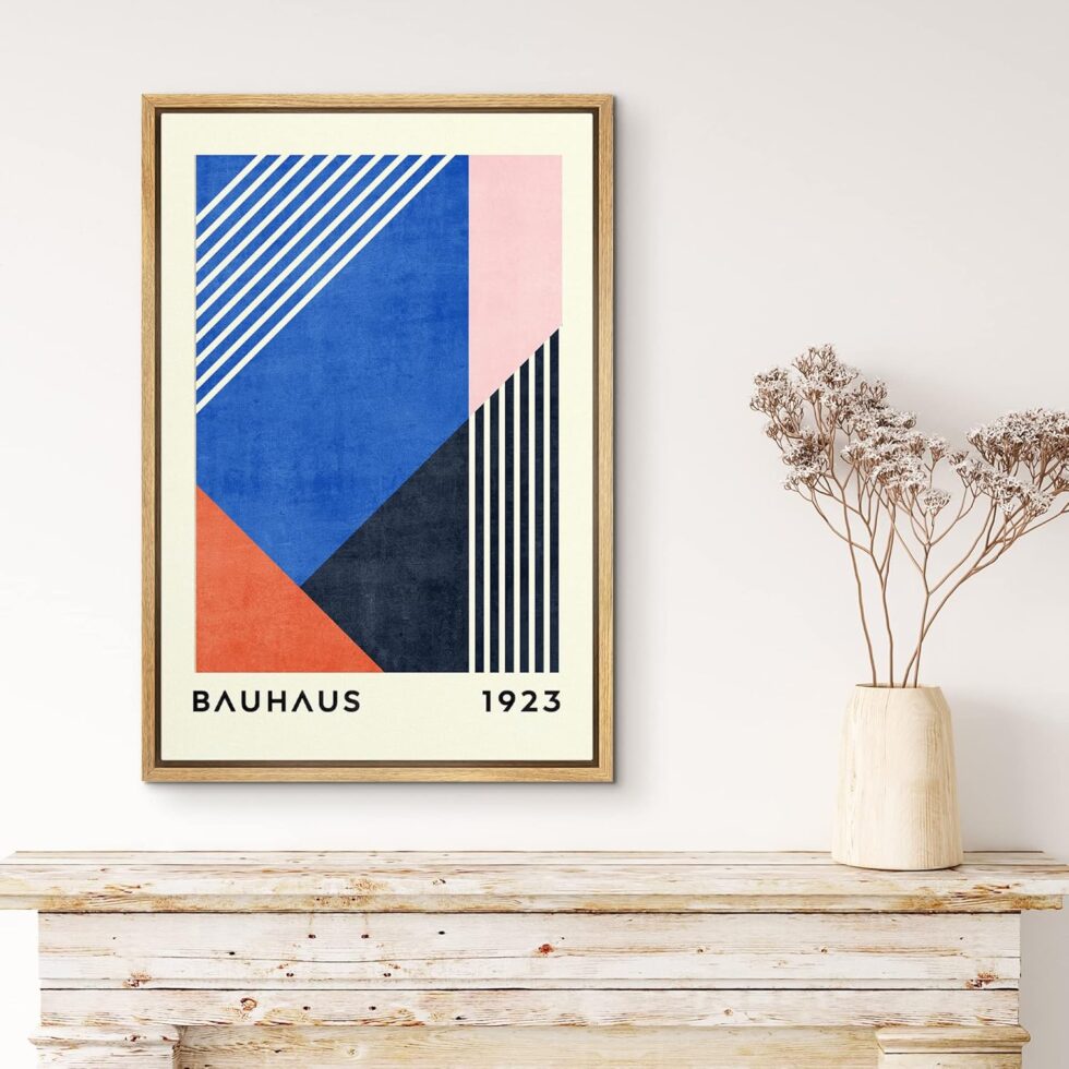 MUDECOR Framed Canvas Print Wall Art Blue Pink Orange Geometric Bauhaus Collage Abstract Shapes Illustrations Fine Art Mid-Century Modern Multicolor for Living Room, Bedroom, Office - 16"x24" Natural