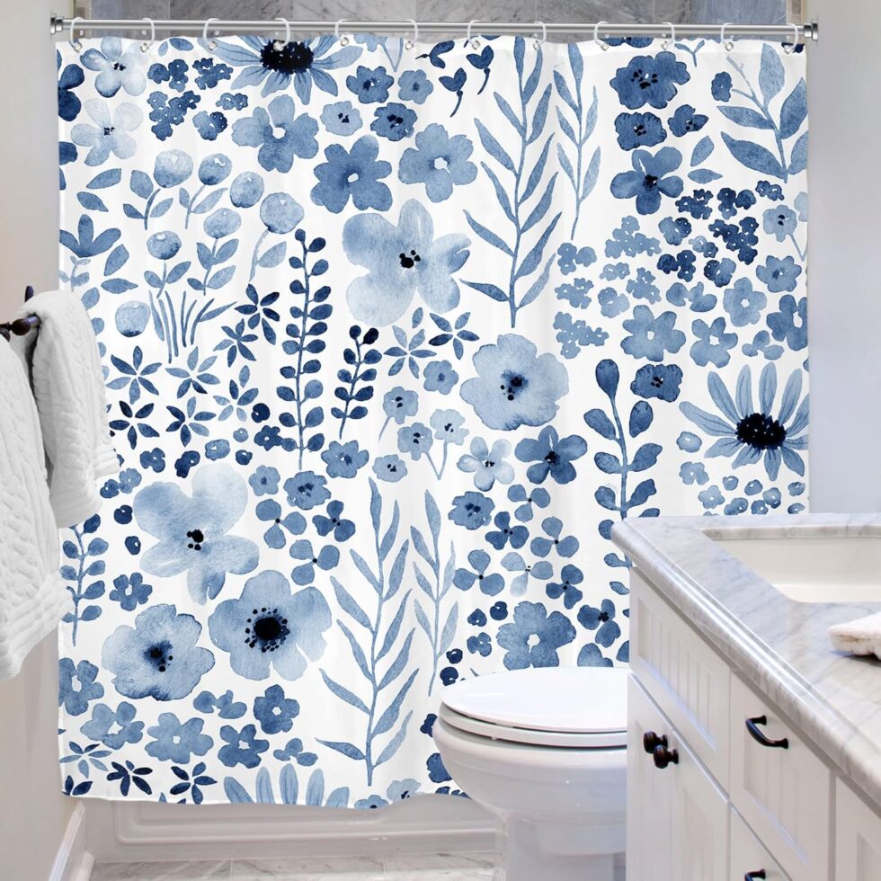 Riyidecor Navy Blue Floral Shower Curtain for Bathroom Decor 72Wx72H Wildflower Watercolor Flower Leaves Botanical Plant Spring Art Printed Fabric Polyester Waterproof 12 Pack Plastic Hooks