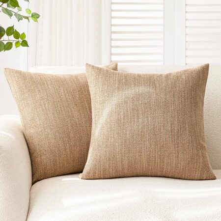Foindtower Set of 2 Decorative Textured Burlap Linen Throw Pillow Covers Farmhouse Boho Cushion Cover Solid Accent Pillowcase for Couch Sofa Bed Living Room Home Decor,18×18 Inch,Khaki Camel