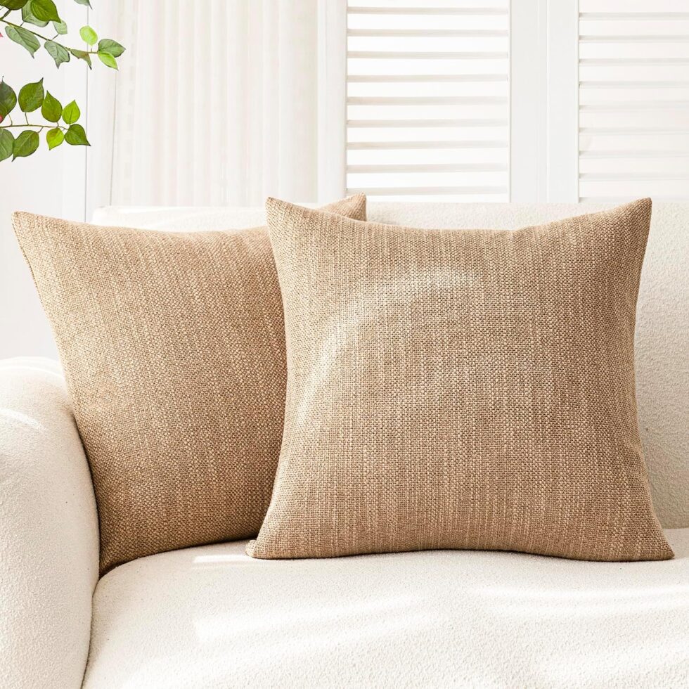 Foindtower Set of 2 Decorative Textured Burlap Linen Throw Pillow Covers Farmhouse Boho Cushion Cover Solid Accent Pillowcase for Couch Sofa Bed Living Room Home Decor,18×18 Inch,Khaki Camel
