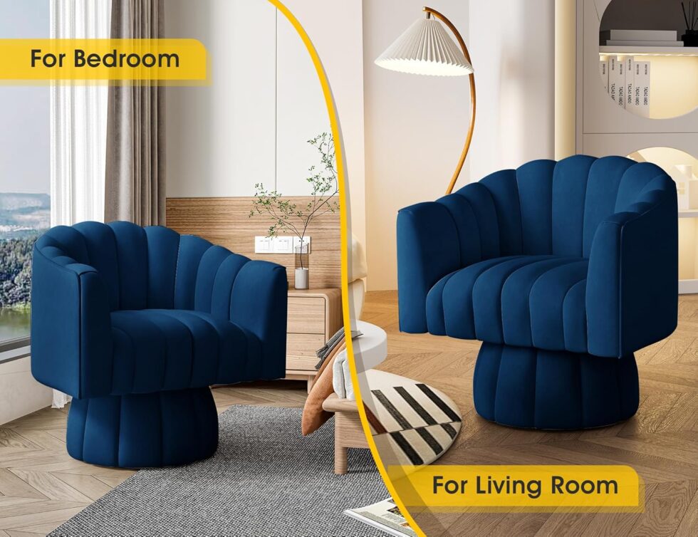 Accent Chair Mid Century 360 Degree Swivel Chair,Modern Lounge Sofa Round Barrel Chair with Wide Upholstered,Fluffy Velvet Fabric Chairs for Home Sofa Living Room/Bedroom/Waiting Room(Navy)