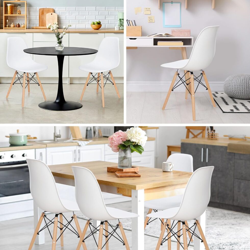 SUPER DEAL Modern Dining Chairs Set of 4 Plastic DSW Shell Lounge Chair Mid Century Side Chairs with Solid Wood Legs for Living Room, Kitchen, Dinning Room, Bedroom, White