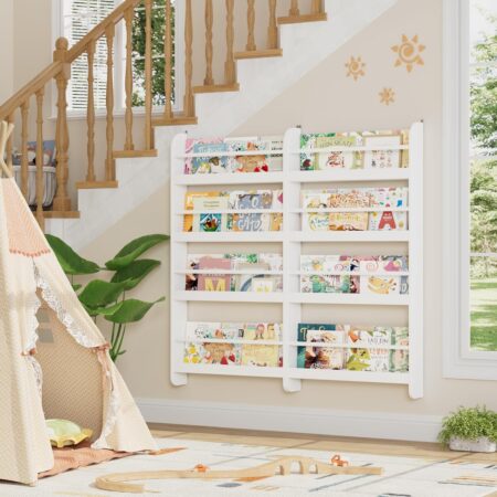 FOTOSOK Kids Bookshelf, Wall Mount 4-Tier Book Shelf Organizer for Toys and Books, Toy Storage Bookshelf in Bedroom, Living Room and Nursery, White