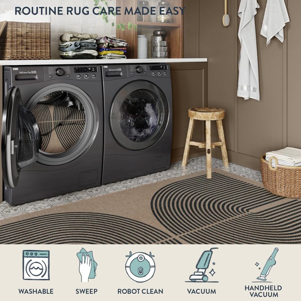 Lahome Modern Rainbow Easy Jute Rug, 3x5 Washable Rugs for Entryway Farmhouse Black Patio Carpet, Non Slip Indoor Door Mat Contemporary Outdoor Porch Carpet for Laundry Guestroom Room Decor