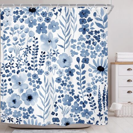 Riyidecor Navy Blue Floral Shower Curtain for Bathroom Decor 72Wx72H Wildflower Watercolor Flower Leaves Botanical Plant Spring Art Printed Fabric Polyester Waterproof 12 Pack Plastic Hooks