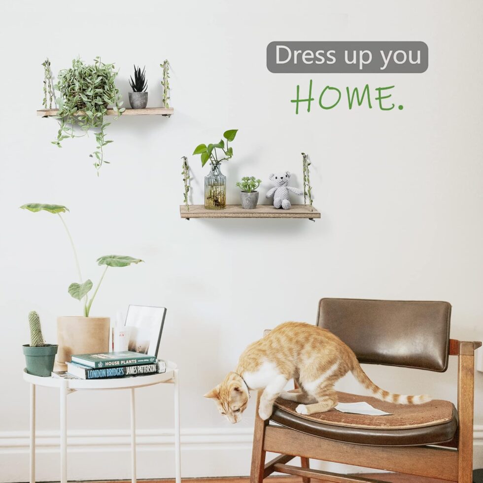 MITIME Leaf Rope Hanging Floating Shelves, Wall Swing Storage Shelf for Home Decor.17, 2-Pack (Light Color)