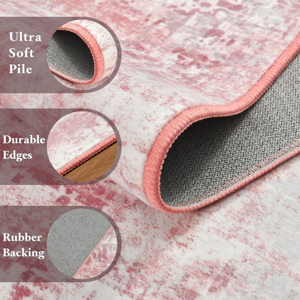 Washable Abstract Rug, 6x9 Modern Area Rugs with Non-Slip Rubber Backed for Living Room, Thin but Soft Contemporary Carpet Kitchen Bedroom Dining Room Decor, Pink