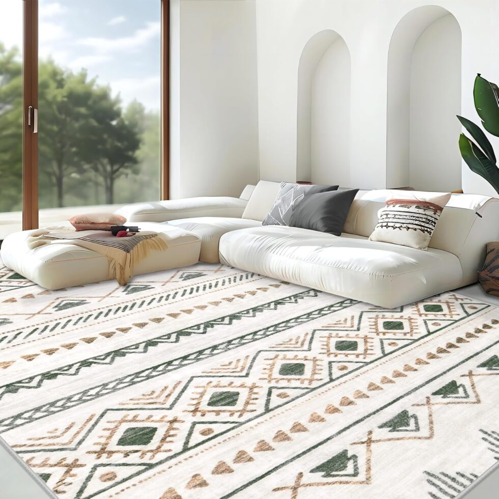 Area Rug for Living Room 6x9: Large Washable Boho Moroccan Rugs Geometric Neutral Rug, Non-Slip Foldable Morden Farmhouse Indoor Floor Carpet for Bedroom Dining Table Home(Brown Green,6'x9')