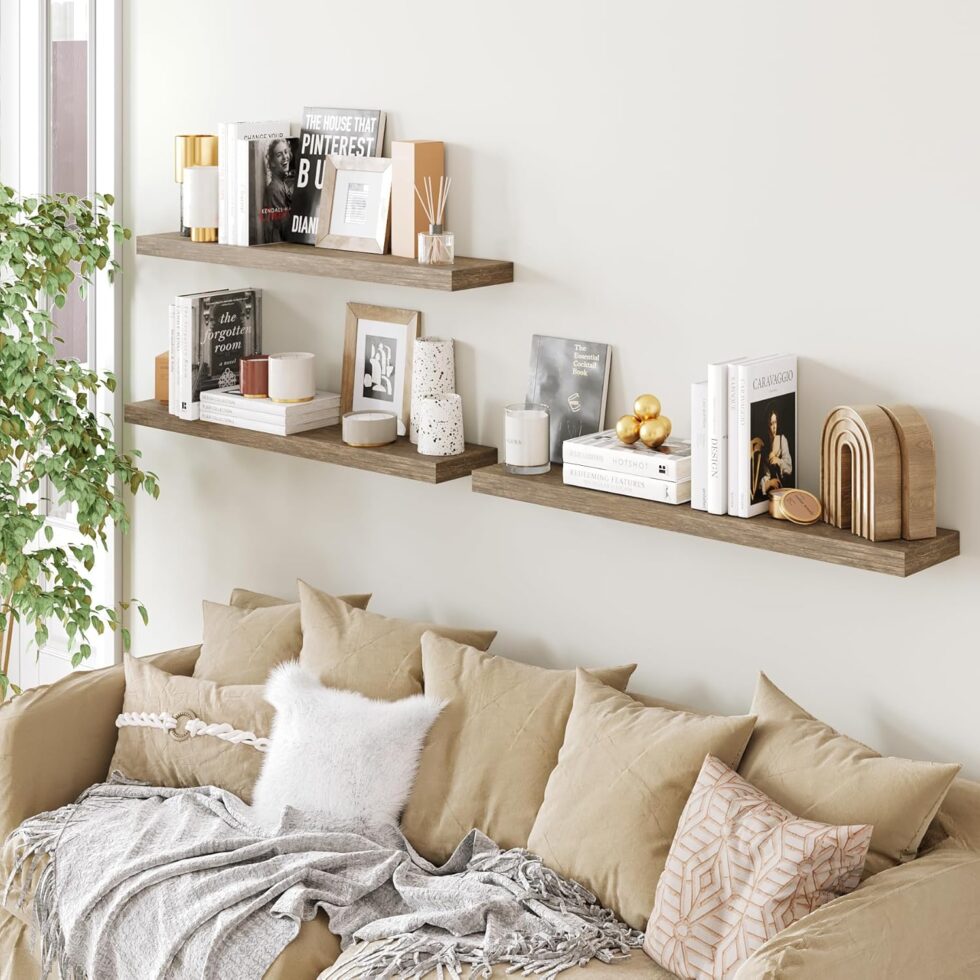BAMEOS Floating Shelves, Wall Mounted Wooden Shelves with Invisible Brackets Set of 3, Hanging Wall Shelves Decoration for Bedroom, Bathroom, Living Room and Kitchen
