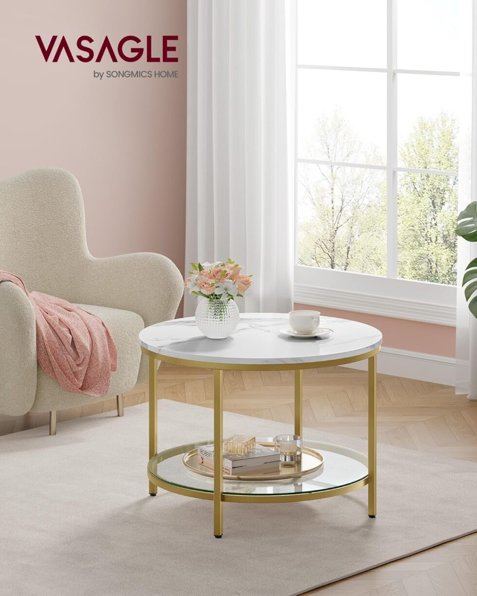 VASAGLE Round Coffee Table, 2-Tier Small Coffee Table with Faux Marble Top and Glass Shelf, Modern Style, for Living Room, 25.6 x 25.6 x 18.1 Inches, Marble White and Pale Gold ULCT072W59