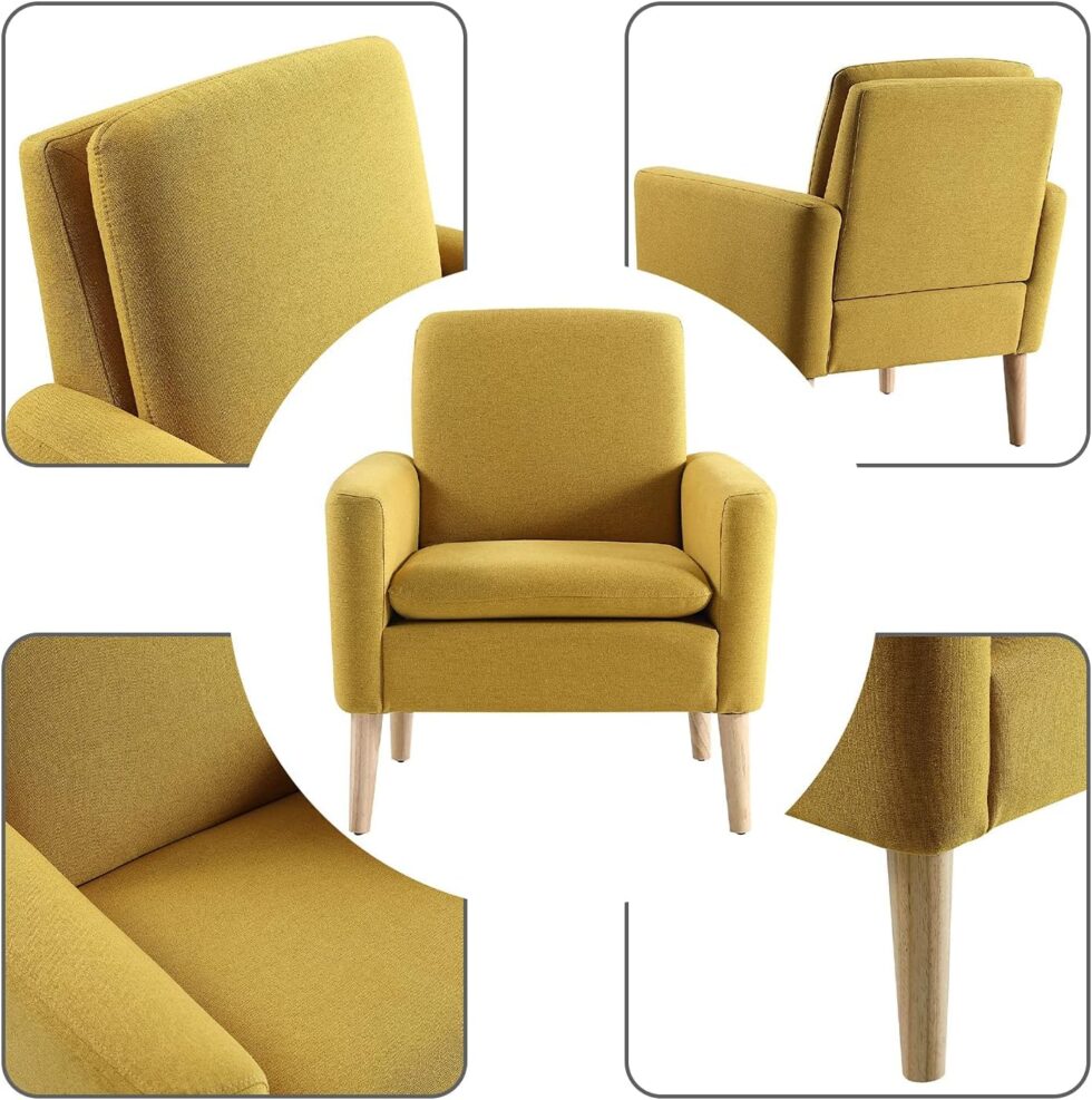 Lohoms Modern Accent Chair for Families, Linen Fabric Upholstered Comfy Armchair for Living Room, Bedroom, Apartment, Waiting Area, Mid-Century Modern Chair with Wood Legs, Mustard Yellow