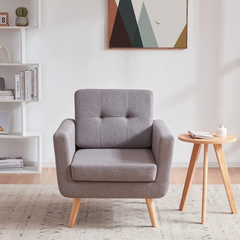 Tbfit Accent Chair, Reading Chair for Living Room & Bedroom, Mid Century Modern Arm Chair, Button Tufted Upholstered Accent Chairs Sofa with Solid Wood Frame (Stone Grey)