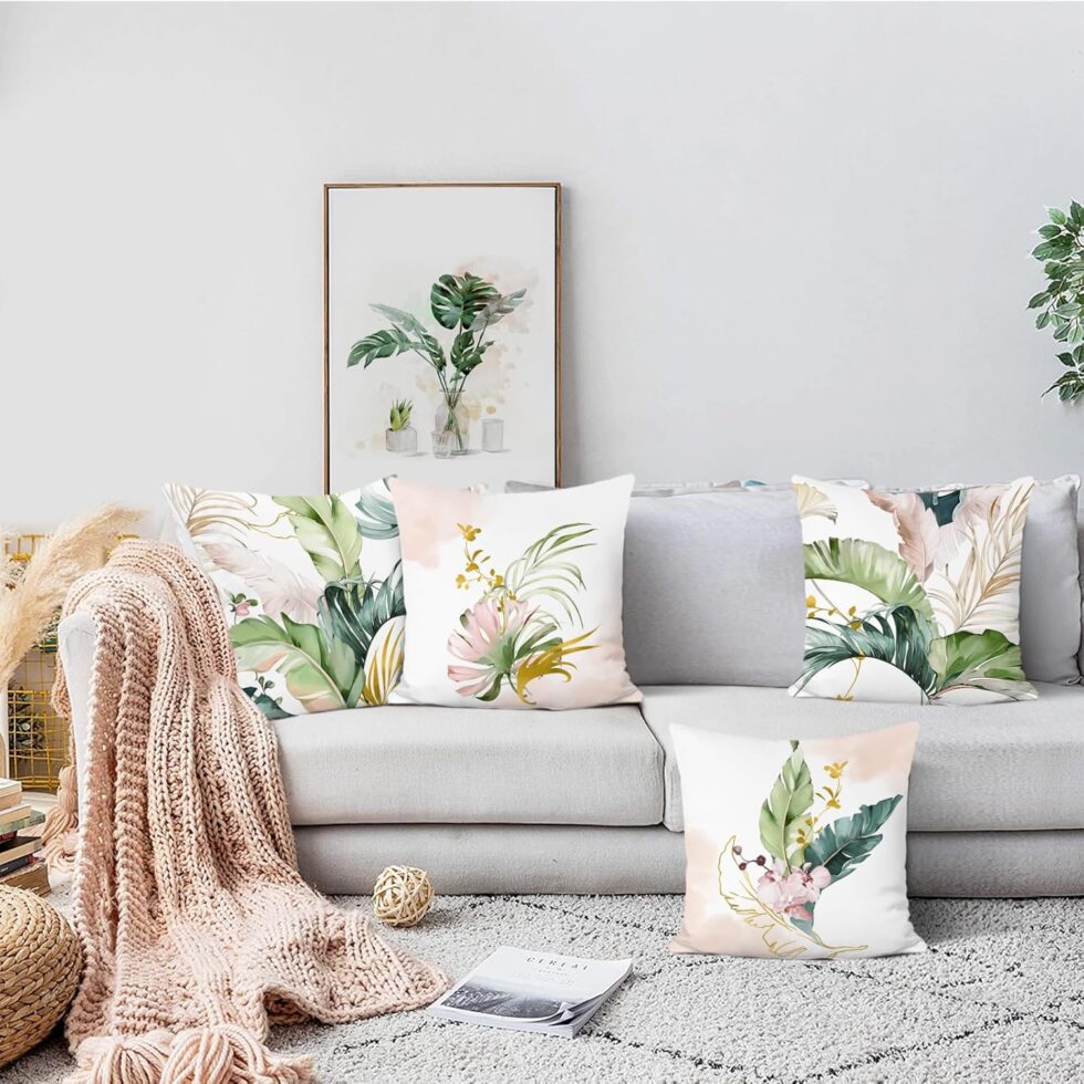 Bonhause Tropical Leaves Throw Pillow Covers 18x18 Set of 4 Green and Pink Palm Leaf Decorative Pillows Case Soft Velvet Cushion Covers for Outdoor Couch Sofa Patio Decor
