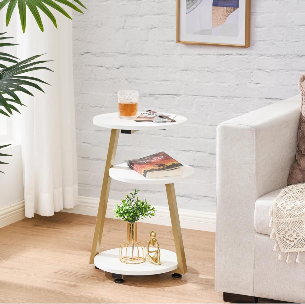 BEWISHOME Round End Table Side Table with Metal Frame, Accent Bedside Table Nightstand with 3-Tier Shelves, Small Couch Table for Living Room Bedroom White Gold KTZ41M