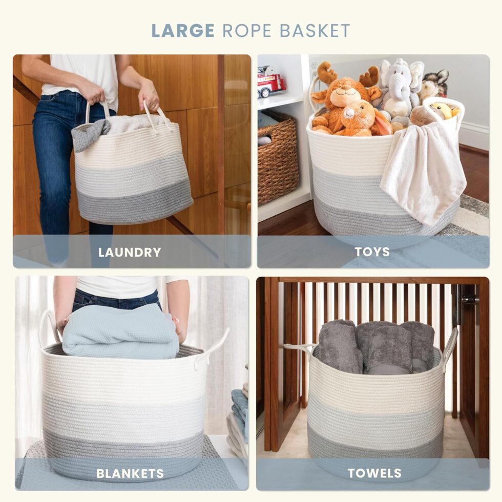 OrganiHaus Large Laundry Basket, Woven Cotton Rope Basket for Blankets, Toy Storage, Nursery Hamper, Living Room Decor Organizer, Soft & Durable Hamper with Handles, 20x13 inches - Gray