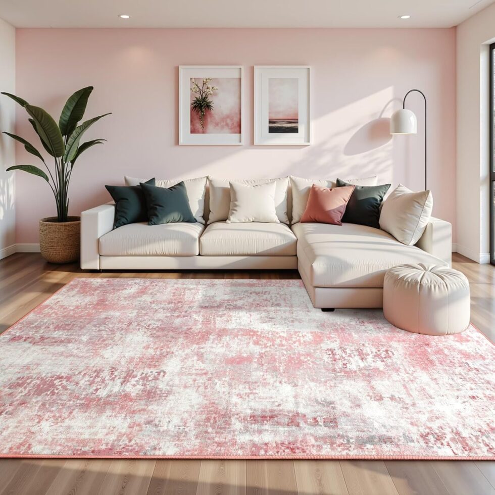 Washable Abstract Rug, 6x9 Modern Area Rugs with Non-Slip Rubber Backed for Living Room, Thin but Soft Contemporary Carpet Kitchen Bedroom Dining Room Decor, Pink