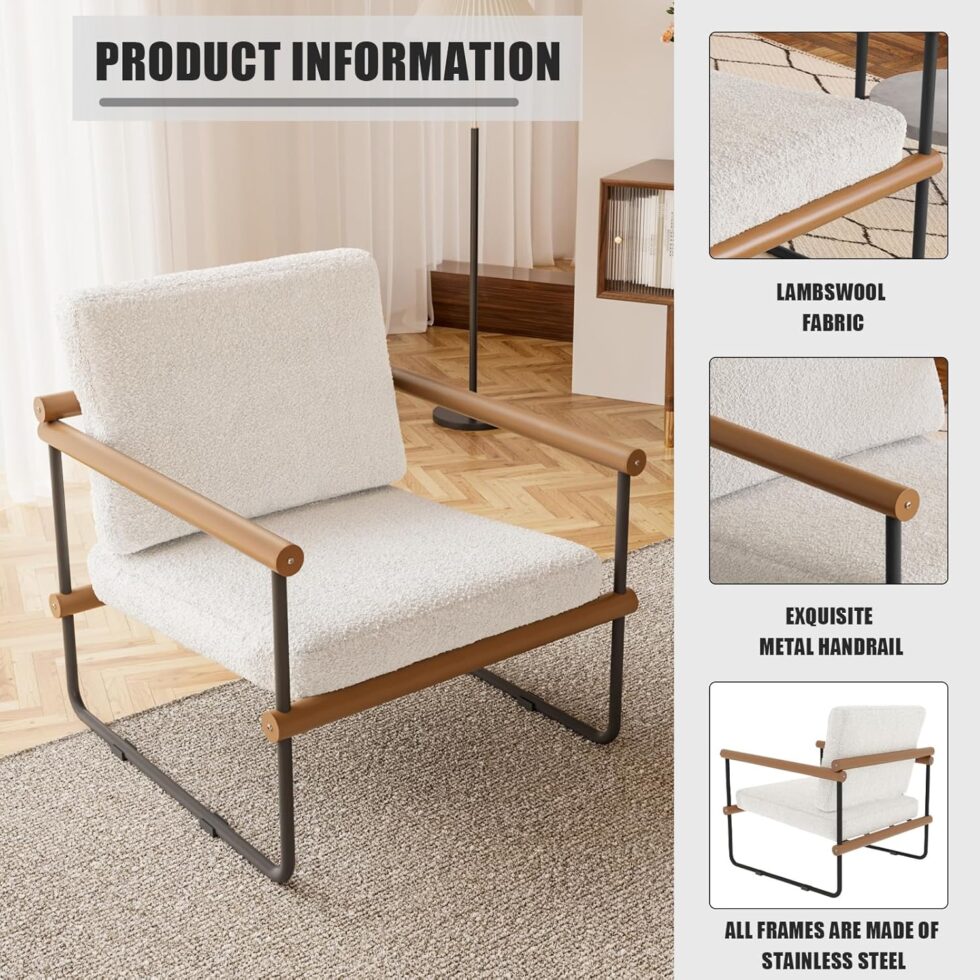 jiexi Set of 2 Boucle Fabric Accent Chair, Modern Tufted Single Sofa for Bedroom, Upholstered Reading Comfy Armchair for Living Room, Metal Frame