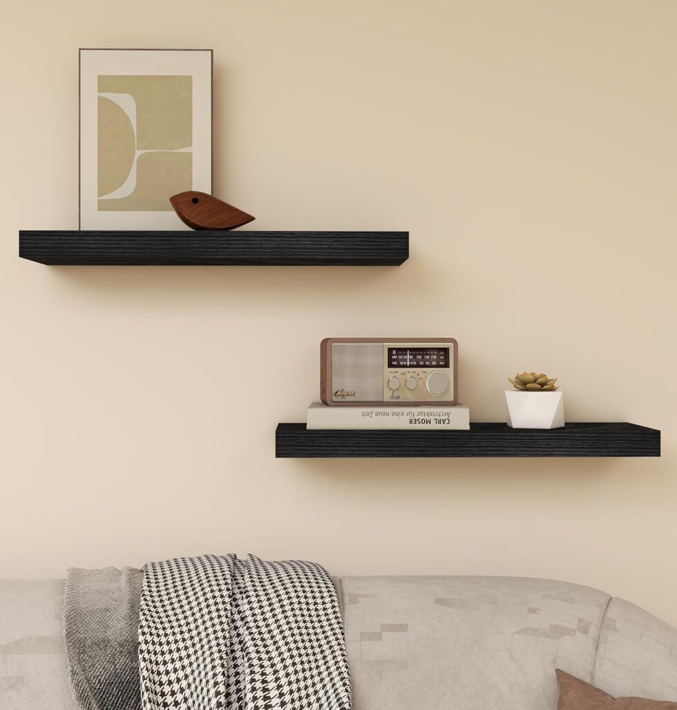 Vervida Floating Shelves for Wall 2 Set of 24 W x 5.8" D for Kitchen, Living Room,Bathroom,Office,Bedroom Storage Shelves for Home Decor with Invisible Brackets Black Shelves for Wall Storage