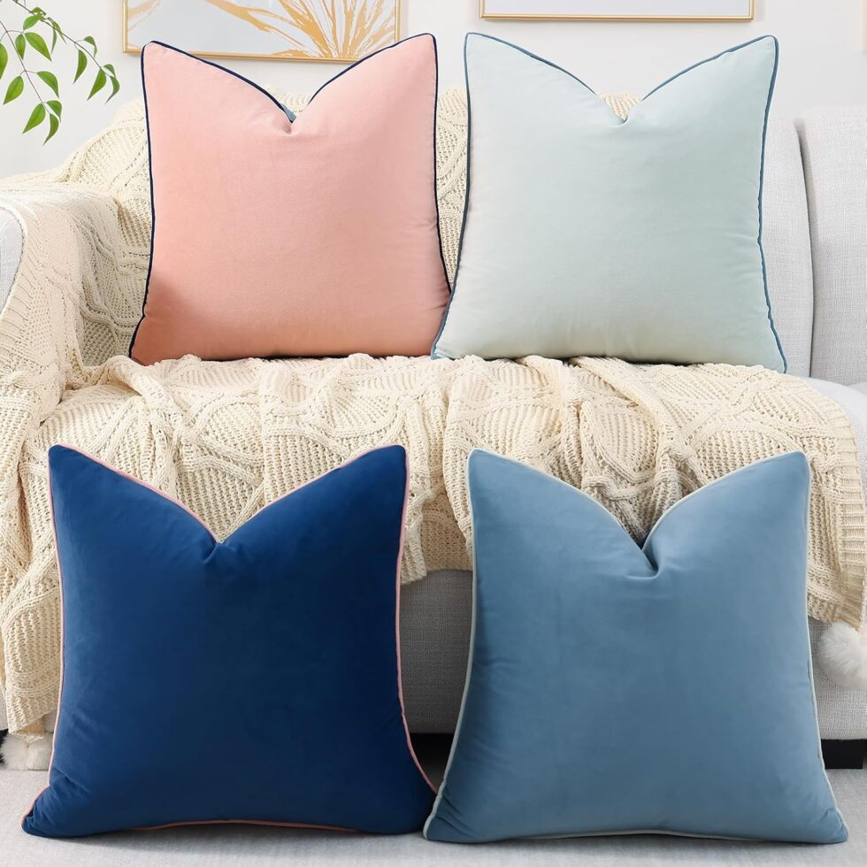 Mecatny Soft Velvet Throw Pillow Covers 18x18 inch Set of 4, Accent Colorful Decorative Pillow Covers with 4-Color Mix and Match for Bedroom Living Room, Blue & Pink