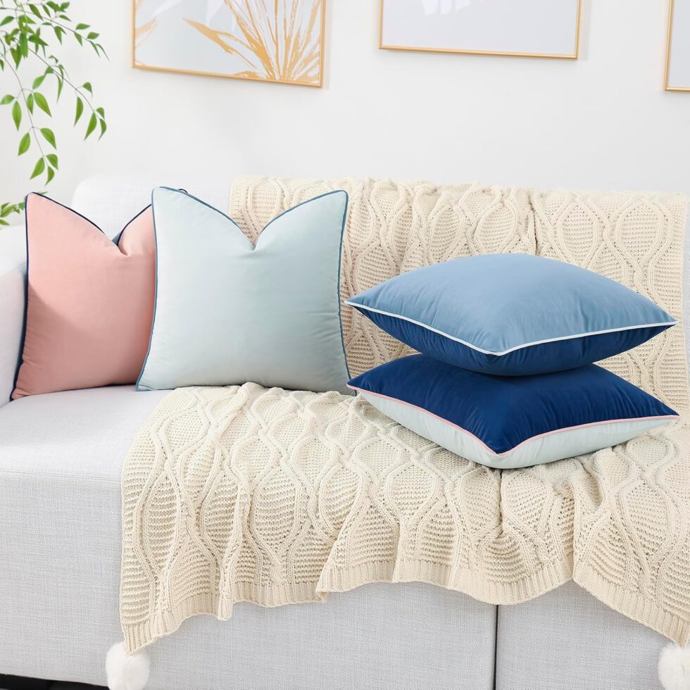Mecatny Soft Velvet Throw Pillow Covers 18x18 inch Set of 4, Accent Colorful Decorative Pillow Covers with 4-Color Mix and Match for Bedroom Living Room, Blue & Pink