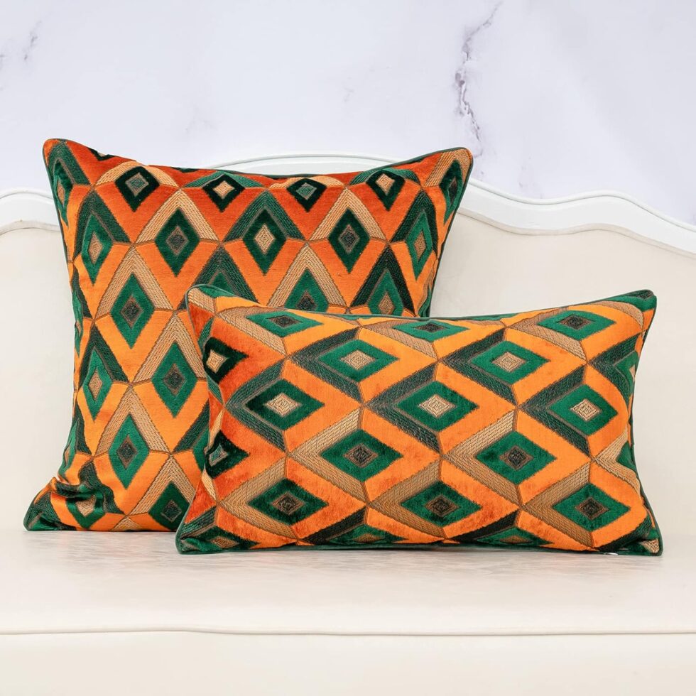 Alerfa Square Pillow Geometric Plaid Embroidery Cut Velvet Cushion Case Luxury Modern Throw Pillow Cover Decorative Pillow for Couch Sofa Living Room Bedroom Car 18 x 18 Inch Teal Orange