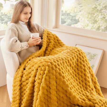 NEWCOSPLAY Super Soft Throw Blanket Mustard Yellow Premium Silky Flannel Fleece 3D Clouds Stylish Jacquard Lightweight Bed Blanket All Season Use 350GSM (Mustard Yellow, Throw(50"x60"))