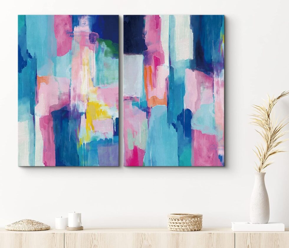 SIGNLEADER Canvas Print Wall Art Set Pastel Blue and Pink Color Blocks Geometric Shapes Illustrations Modern Art Contemporary Colorful Multicolor Ultra for Living Room, Bedroom, Office - 16"x24" x 2