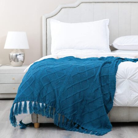 Solid Soft Cozy Cable Knitted Teal Blue Blanket Throw, Lightweight Decorative Textured Turquoise Throw Blanket with Fringes for Couch Chairs Bed Sofa, 50"x 60"