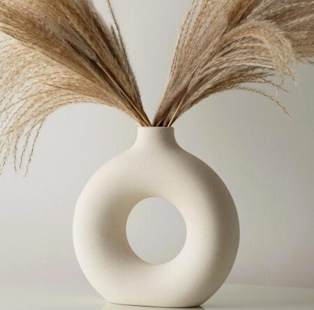 White Ceramic Donut Vase for Pampas Grass Dried Flowers, Bedroom Decor Aesthetic, Modern Boho Circle Round Vase, Neutral Home Decor, 7.5" Tall