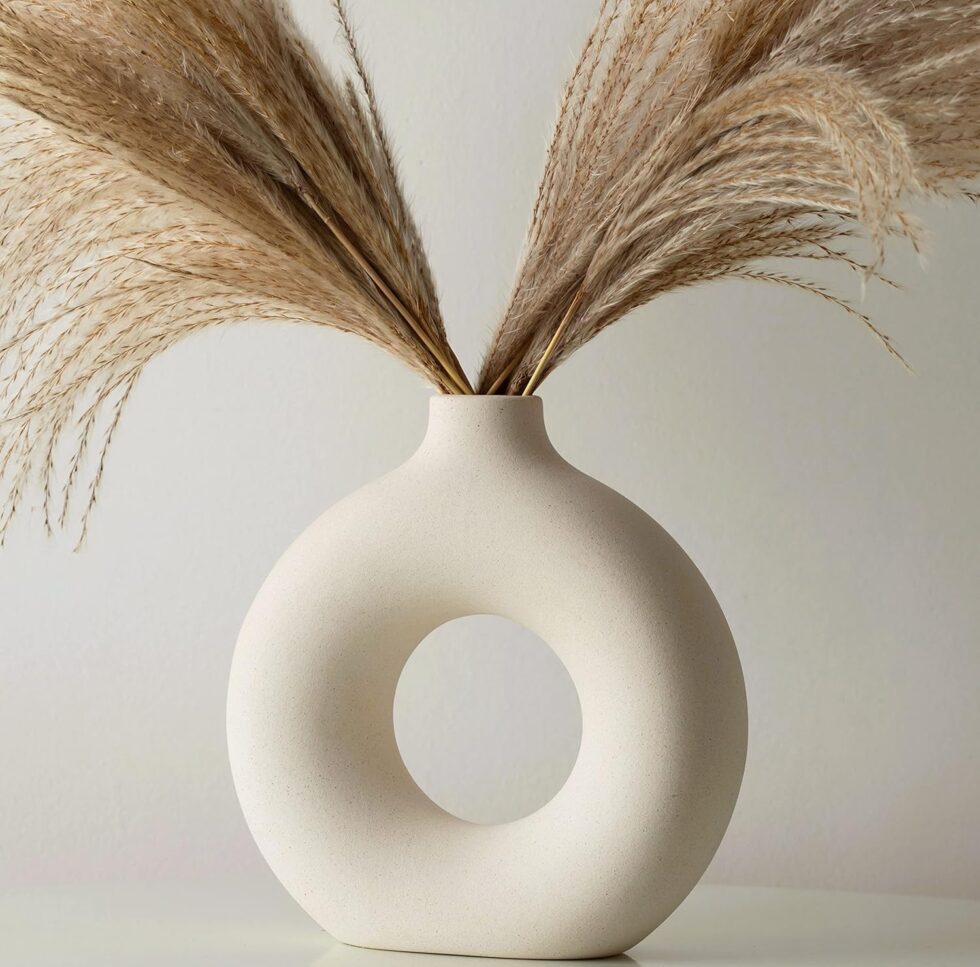 White Ceramic Donut Vase for Pampas Grass Dried Flowers, Bedroom Decor Aesthetic, Modern Boho Circle Round Vase, Neutral Home Decor, 7.5" Tall