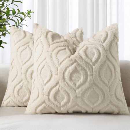 decorUhome Fall Throw Pillow Covers 18x18 Inch Set of 2, Soft Plush Decorative Faux Fur Beige Solid Couch Pillow Covers, Accent Farmhouse Neutral Square Pillow Cases for Sofa Bed Living Room