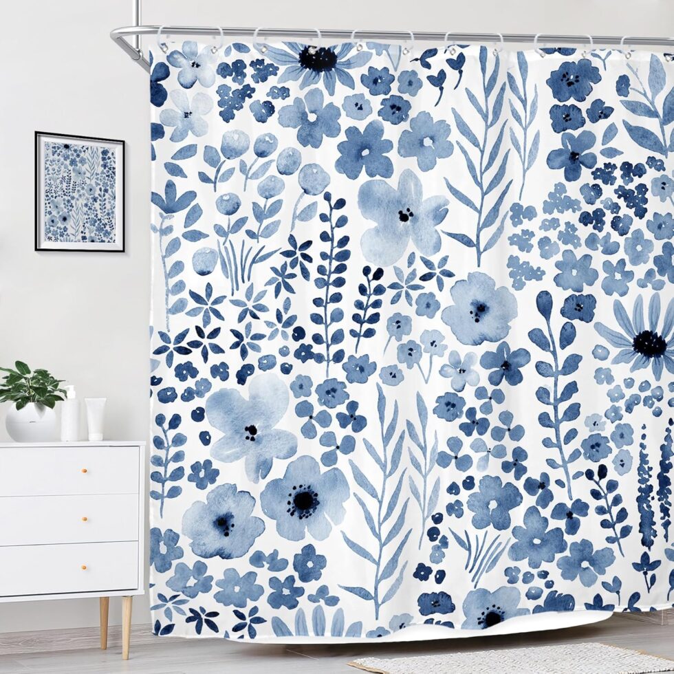 Riyidecor Navy Blue Floral Shower Curtain for Bathroom Decor 72Wx72H Wildflower Watercolor Flower Leaves Botanical Plant Spring Art Printed Fabric Polyester Waterproof 12 Pack Plastic Hooks