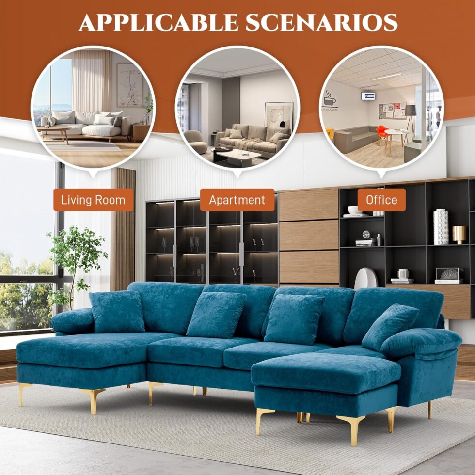 OUYESSIR U-Shaped Sectional Sofa Couch, 4 Seat Sofa Set for Living Room, Convertible L-Shaped Velvet Couch Set with Chaise Lounge, Ottoman and Pillows,114 inches (Teal Blue)