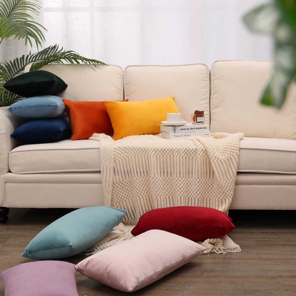 MZPSO Velvet Super Soft Solid Decorative Square Throw Pillows Covers 18 x 18 Inch Set Cushion Case for Sofa Bedroom Car 45 x 45 cm Pack of 2, Orange Yellow