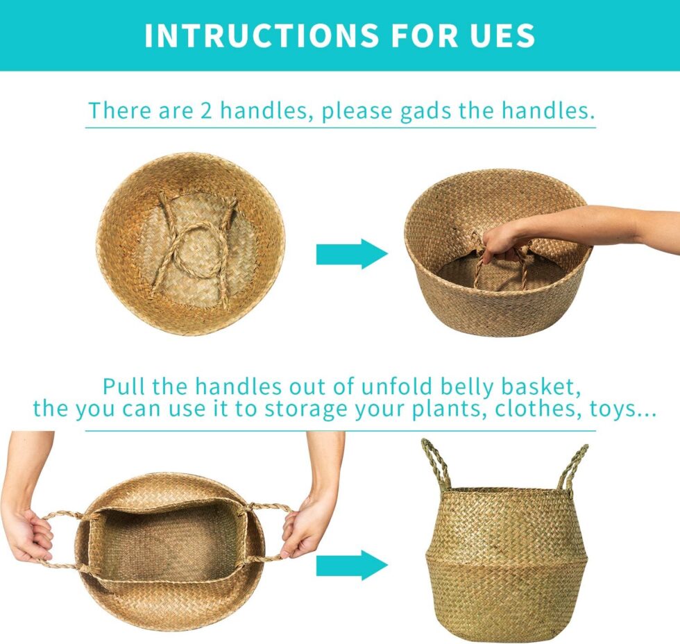 Seagrass Belly Basket, Set of 2 Woven Plant Pot Holder handmade Home Decor for Storage Plants Picnic Grocery Medium(10.63 x 9.44 inch)