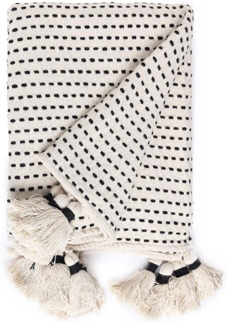 REDEARTH · Classic Throw Blanket -with Oversized Decorative Tassels Medium Weight Soft Lap Blanket for Sofa Bed Couch Chairs loveseats car, Living, Indoor/Outdoor use 100% Cotton (50x60; Black)