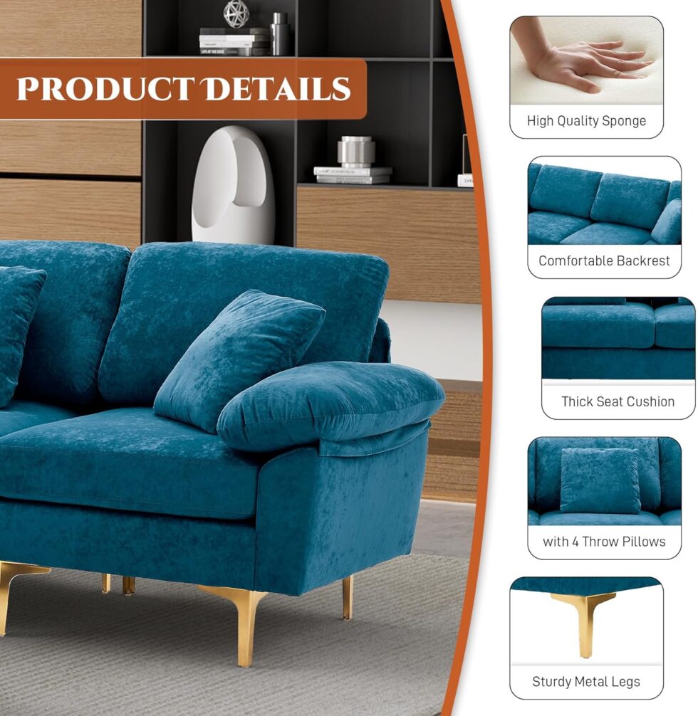 OUYESSIR U-Shaped Sectional Sofa Couch, 4 Seat Sofa Set for Living Room, Convertible L-Shaped Velvet Couch Set with Chaise Lounge, Ottoman and Pillows,114 inches (Teal Blue)