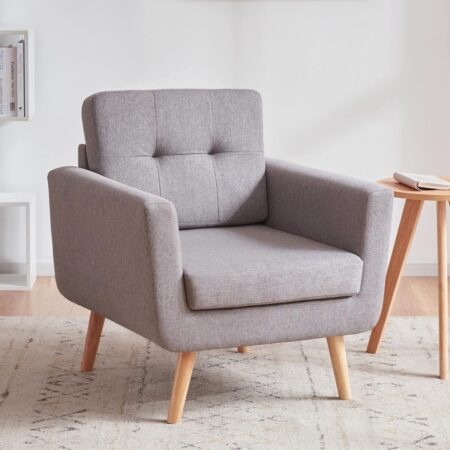 Tbfit Accent Chair, Reading Chair for Living Room & Bedroom, Mid Century Modern Arm Chair, Button Tufted Upholstered Accent Chairs Sofa with Solid Wood Frame (Stone Grey)
