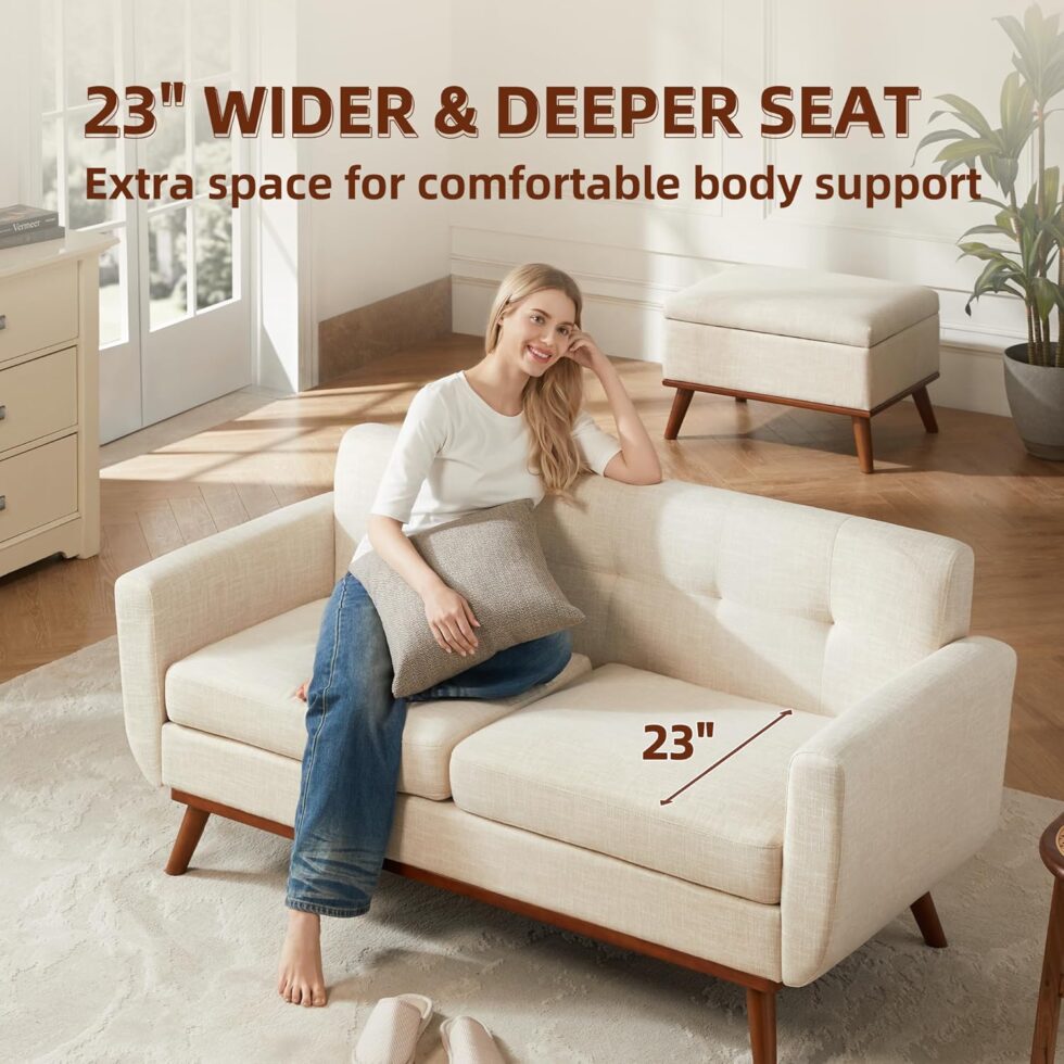 Kingfun 65.2" W Loveseat Sofa, Mid Century Modern Decor Love Seat Couches for Living Room, Button Tufted Upholstered Furniture, Solid & Easy to Install Small Couch for Bedroom Office Apartment, Beige