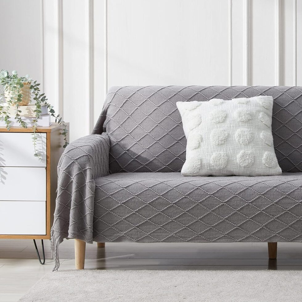 BOURINA Light Grey Throw Blanket 50 x90 Inches Throw Textured Solid Soft Sofa Throw Bed Runner Couch Cover Knitted Decorative Blanket Bed Runner