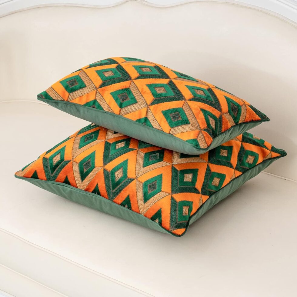 Alerfa Square Pillow Geometric Plaid Embroidery Cut Velvet Cushion Case Luxury Modern Throw Pillow Cover Decorative Pillow for Couch Sofa Living Room Bedroom Car 18 x 18 Inch Teal Orange