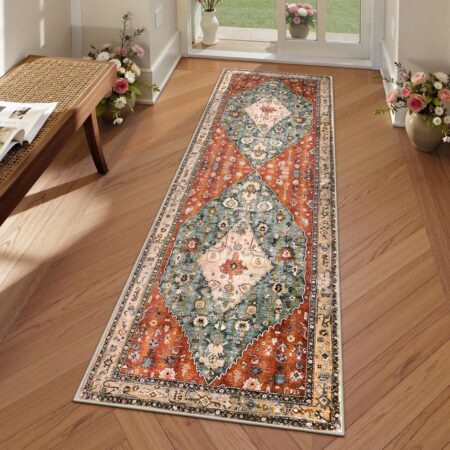 Lahome Boho Tribal 2x6 Washable Runners for Hallways Non Slip, Bohemian Kitchen Mats for Floor, Vintage Low-Pile Bathroom Entryway Carpet Runner for Laundry Living Bedroom (Rust/Dull Teal,2x6ft)