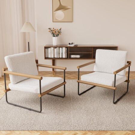 jiexi Set of 2 Boucle Fabric Accent Chair, Modern Tufted Single Sofa for Bedroom, Upholstered Reading Comfy Armchair for Living Room, Metal Frame