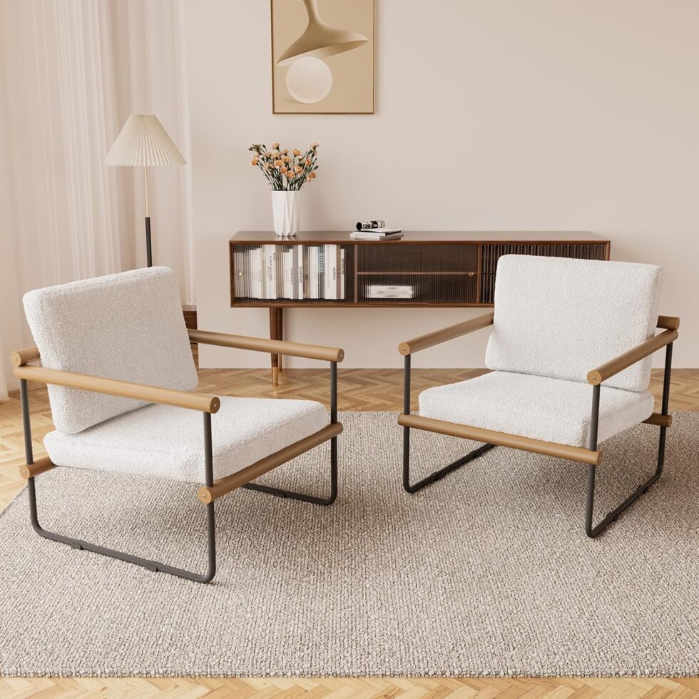 jiexi Set of 2 Boucle Fabric Accent Chair, Modern Tufted Single Sofa for Bedroom, Upholstered Reading Comfy Armchair for Living Room, Metal Frame